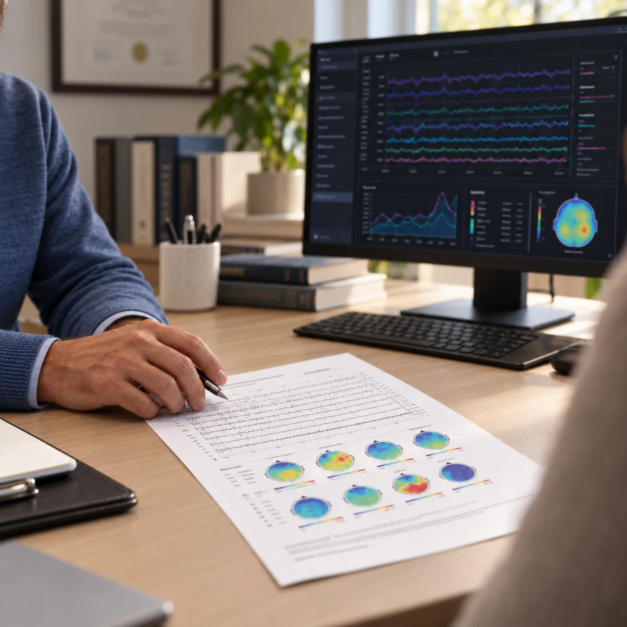 A doctor reviewing a brain measurement report at his desk