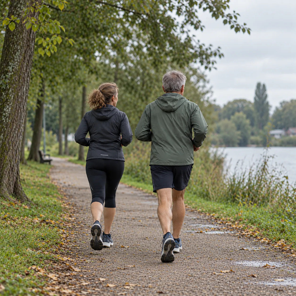 Two people jogging along a tree-lined path by the water