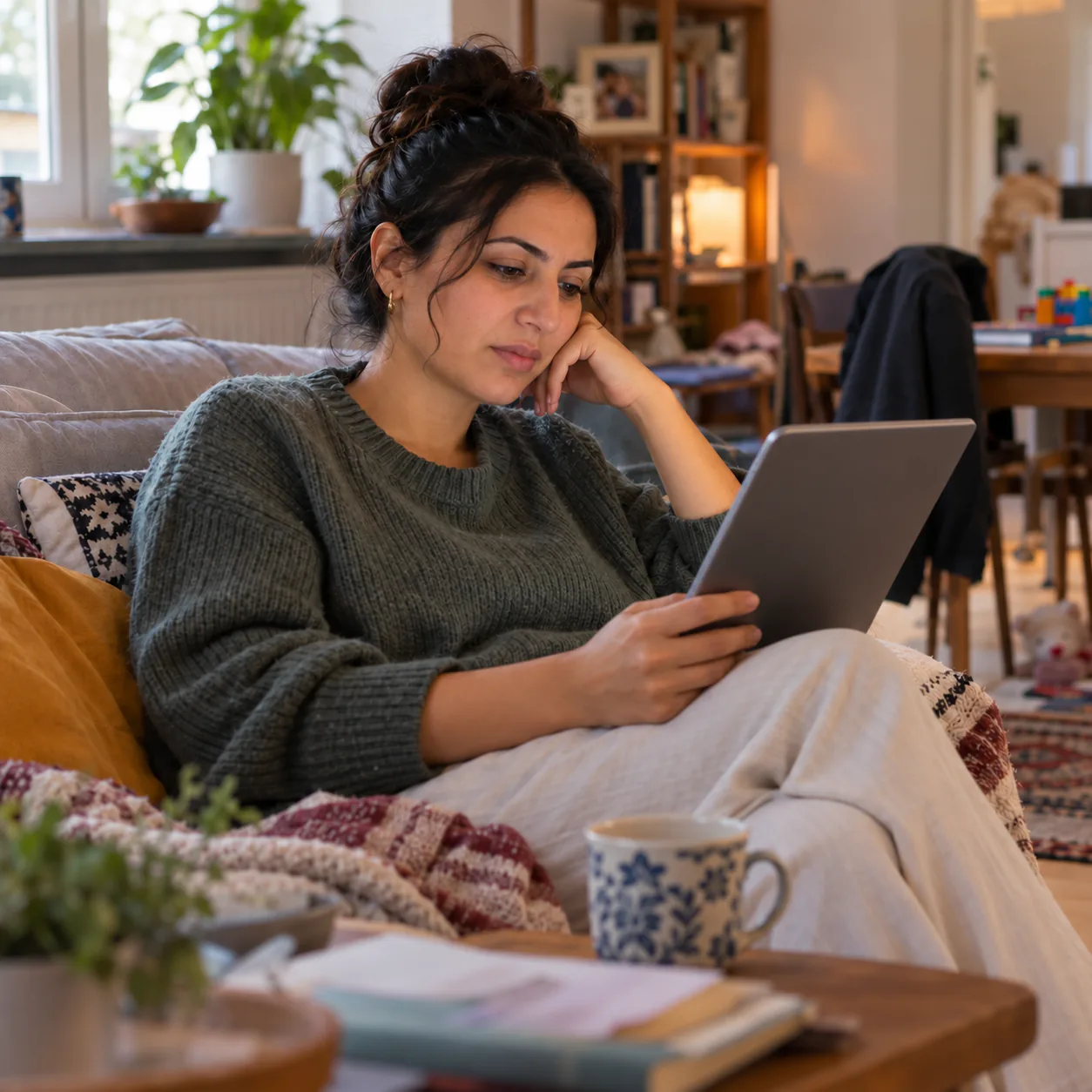 A woman reading on a tablet on her couch at home