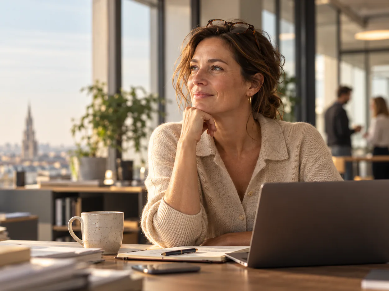 A woman at her desk in a bright office, looking out over the city